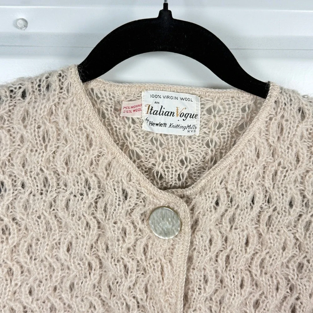 Vintage Italian Vogue Cardigan Women S Beige Mohair Wool Blend Open Knit Vintage